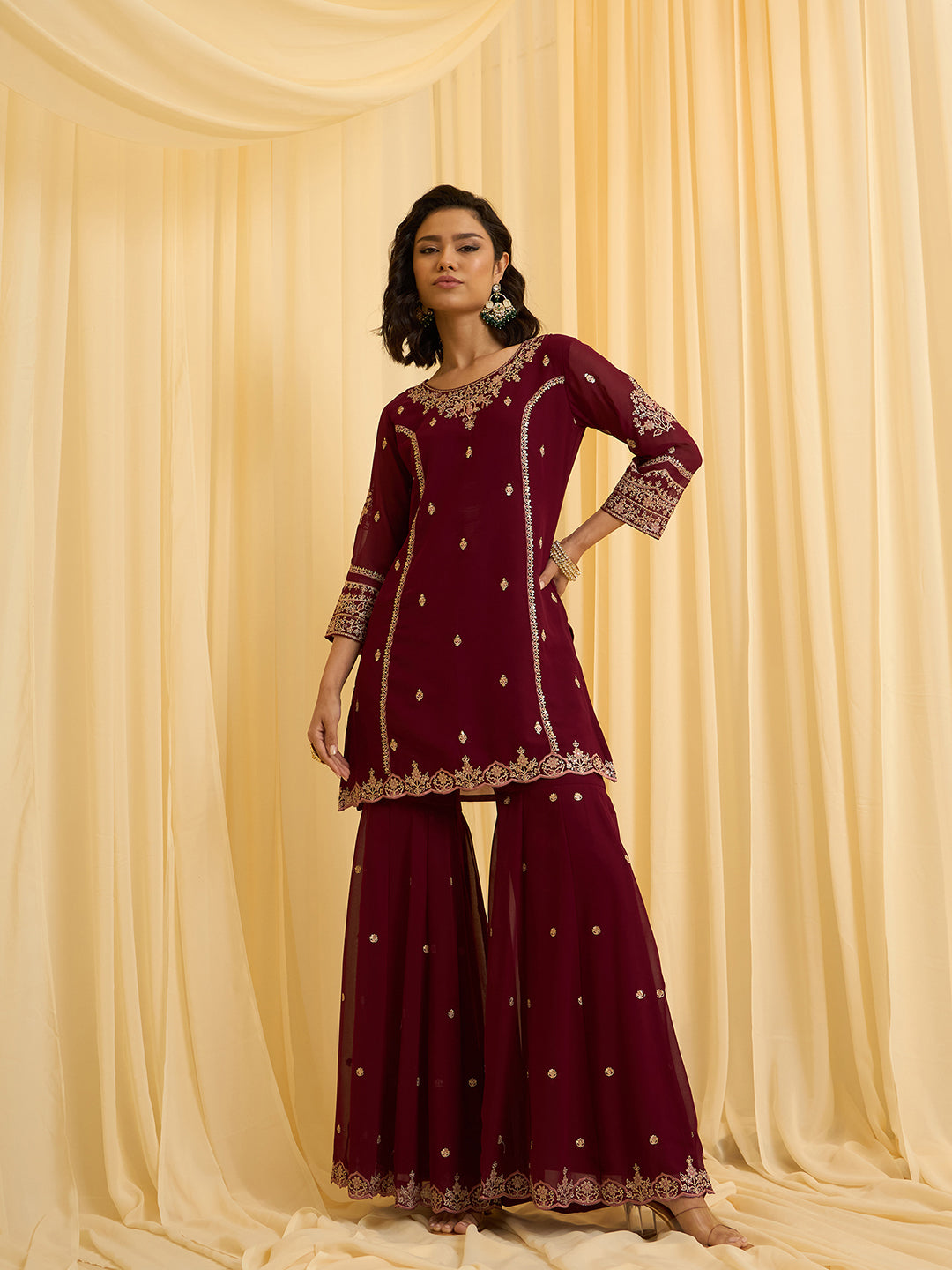 Maroon Georgette Zari Sequence Thread Embroidered Kurta Sharara Sets with Dupatta