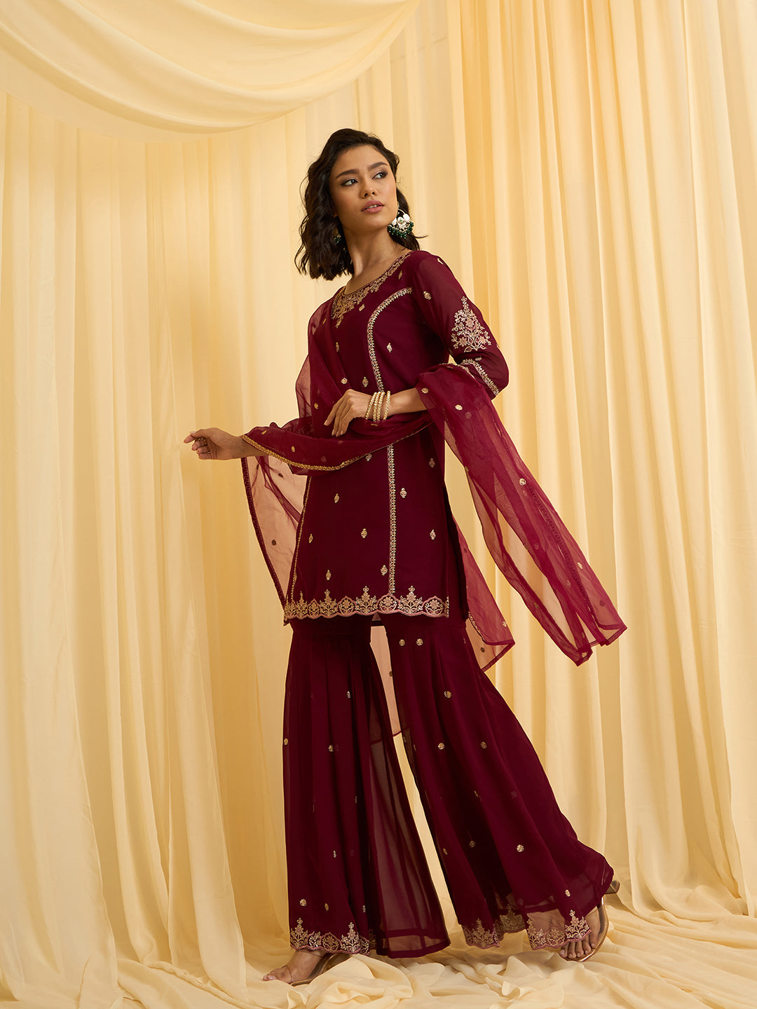 Maroon Georgette Zari Sequence Thread Embroidered Kurta Sharara Sets with Dupatta