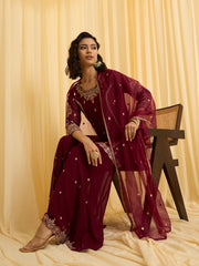 Maroon Georgette Zari Sequence Thread Embroidered Kurta Sharara Sets with Dupatta