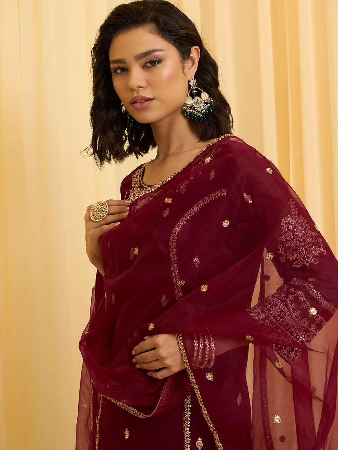 Maroon Georgette Zari Sequence Thread Embroidered Kurta Sharara Sets with Dupatta