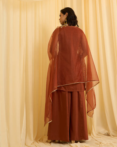 Rust Brown Embroidered Sleeveless Kurta with Palazzo and Cape Set