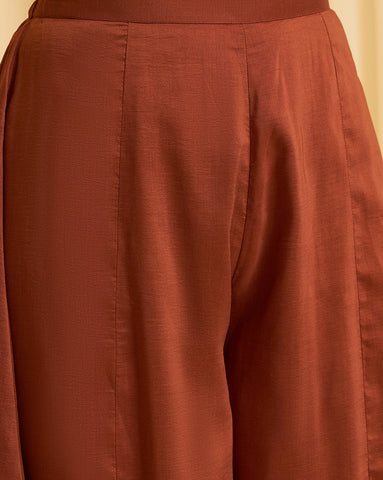 Rust Brown Embroidered Sleeveless Kurta with Palazzo and Cape Set