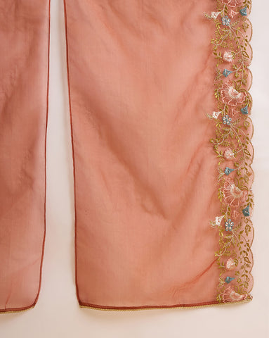 Rust Brown Embroidered Sleeveless Kurta with Palazzo and Cape Set