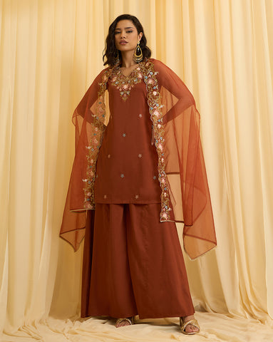 Rust Brown Embroidered Sleeveless Kurta with Palazzo and Cape Set
