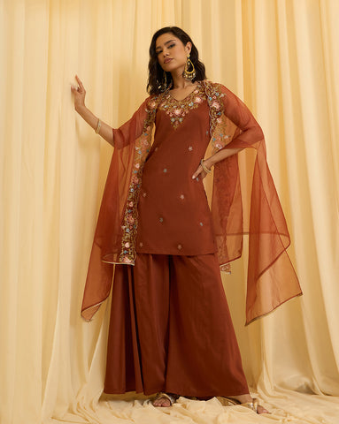 Rust Brown Embroidered Sleeveless Kurta with Palazzo and Cape Set