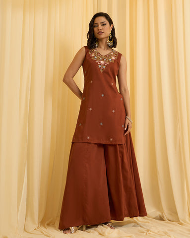 Rust Brown Embroidered Sleeveless Kurta with Palazzo and Cape Set
