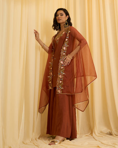Rust Brown Embroidered Sleeveless Kurta with Palazzo and Cape Set