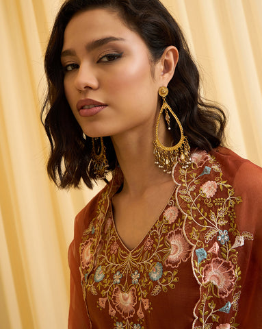 Rust Brown Embroidered Sleeveless Kurta with Palazzo and Cape Set