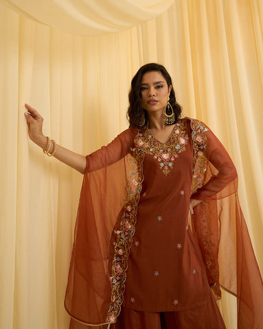 Rust Brown Embroidered Sleeveless Kurta with Palazzo and Cape Set