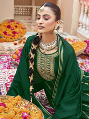 Green Zari Sequence Thread Embroidery Kurta With Pant And Dupatta