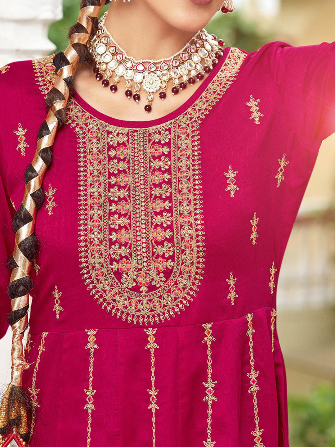 Pink Zari Sequence Thread Embroidery Kurta With Pant And Dupatta
