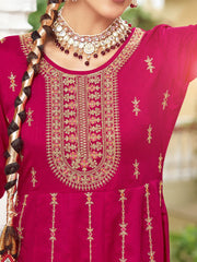 Pink Zari Sequence Thread Embroidery Kurta With Pant And Dupatta