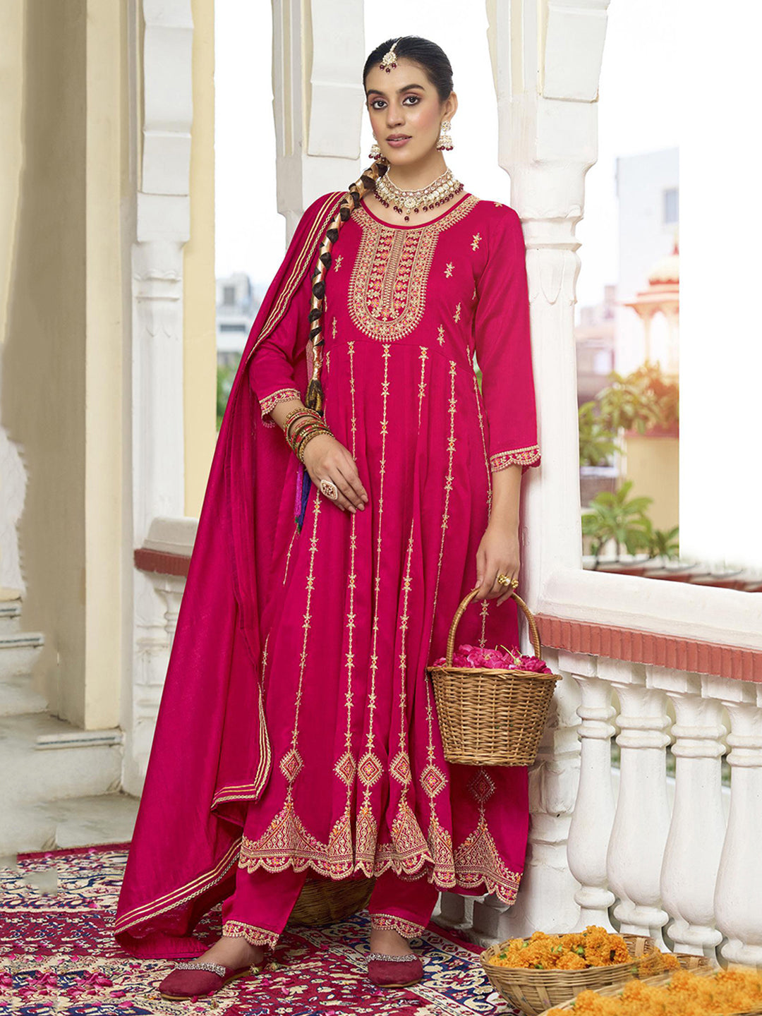 Pink Zari Sequence Thread Embroidery Kurta With Pant And Dupatta