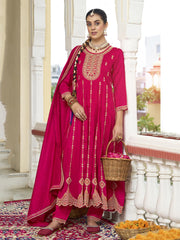 Pink Zari Sequence Thread Embroidery Kurta With Pant And Dupatta