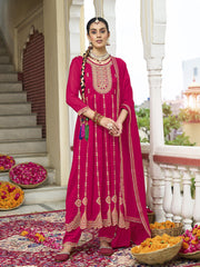 Pink Zari Sequence Thread Embroidery Kurta With Pant And Dupatta