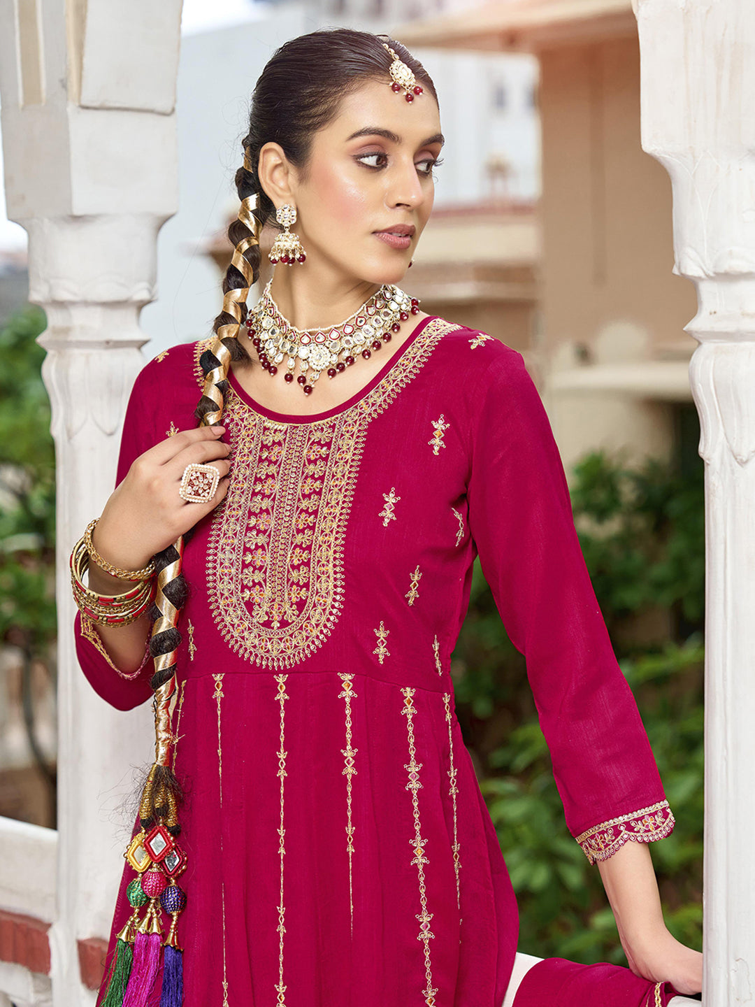 Pink Zari Sequence Thread Embroidery Kurta With Pant And Dupatta