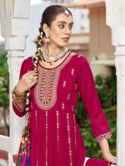 Pink Zari Sequence Thread Embroidery Kurta With Pant And Dupatta