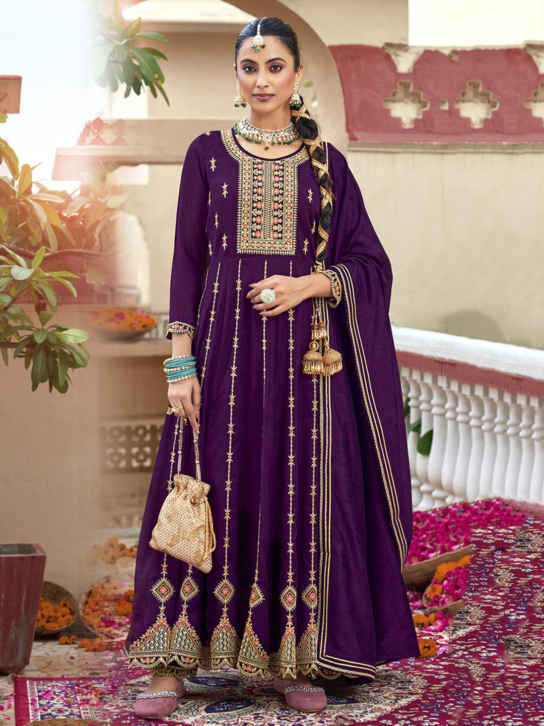 Purple Zari Sequence Thread Embroidery Kurta With Pant And Dupatta