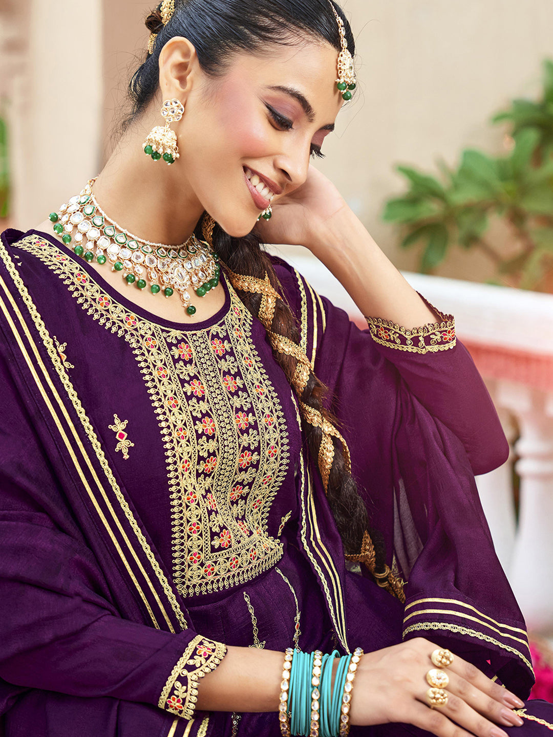 Purple Zari Sequence Thread Embroidery Kurta With Pant And Dupatta