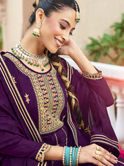 Purple Zari Sequence Thread Embroidery Kurta With Pant And Dupatta