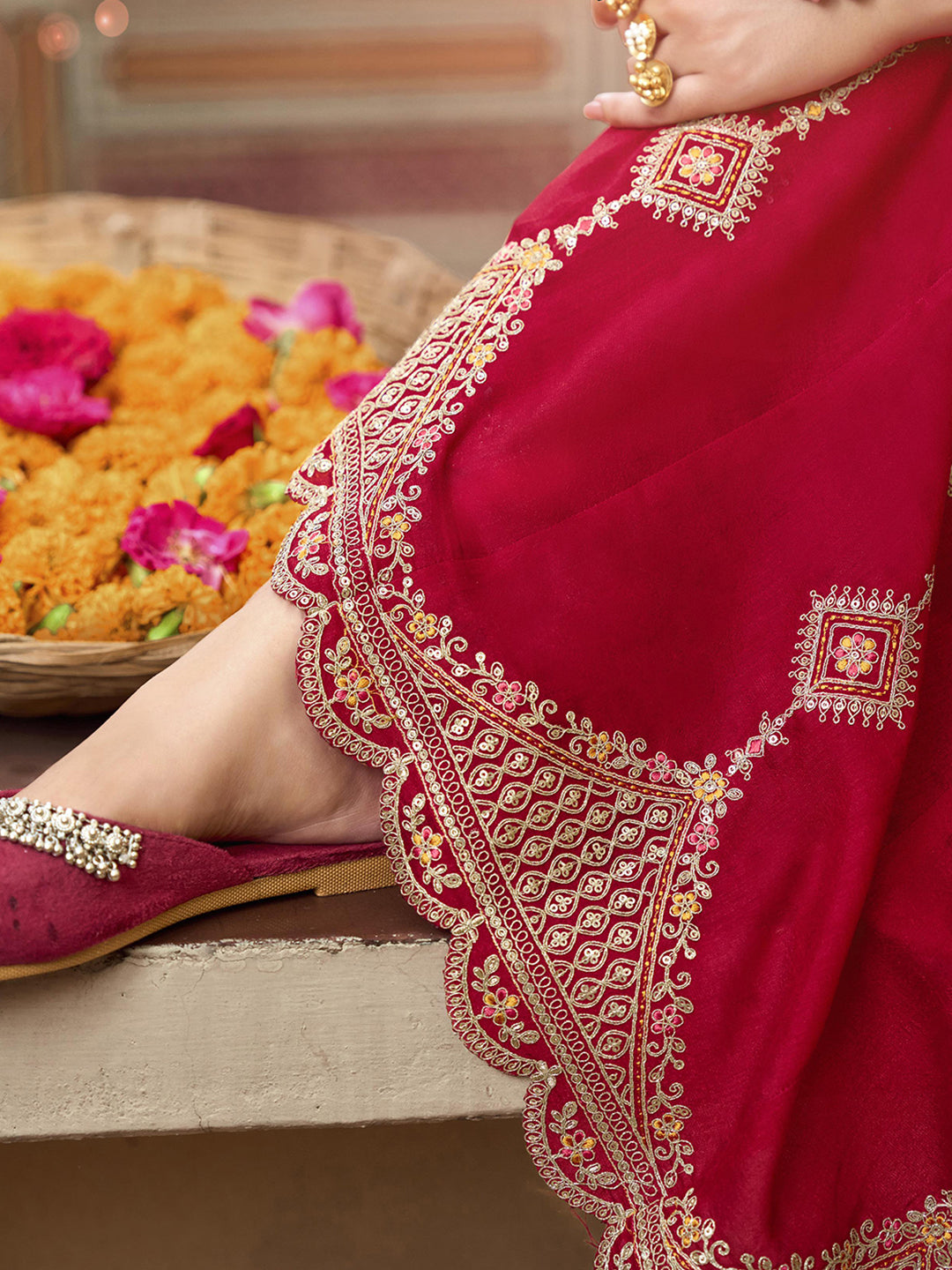 Red Zari Sequence Thread Embroidery Kurta With Pant And Dupatta