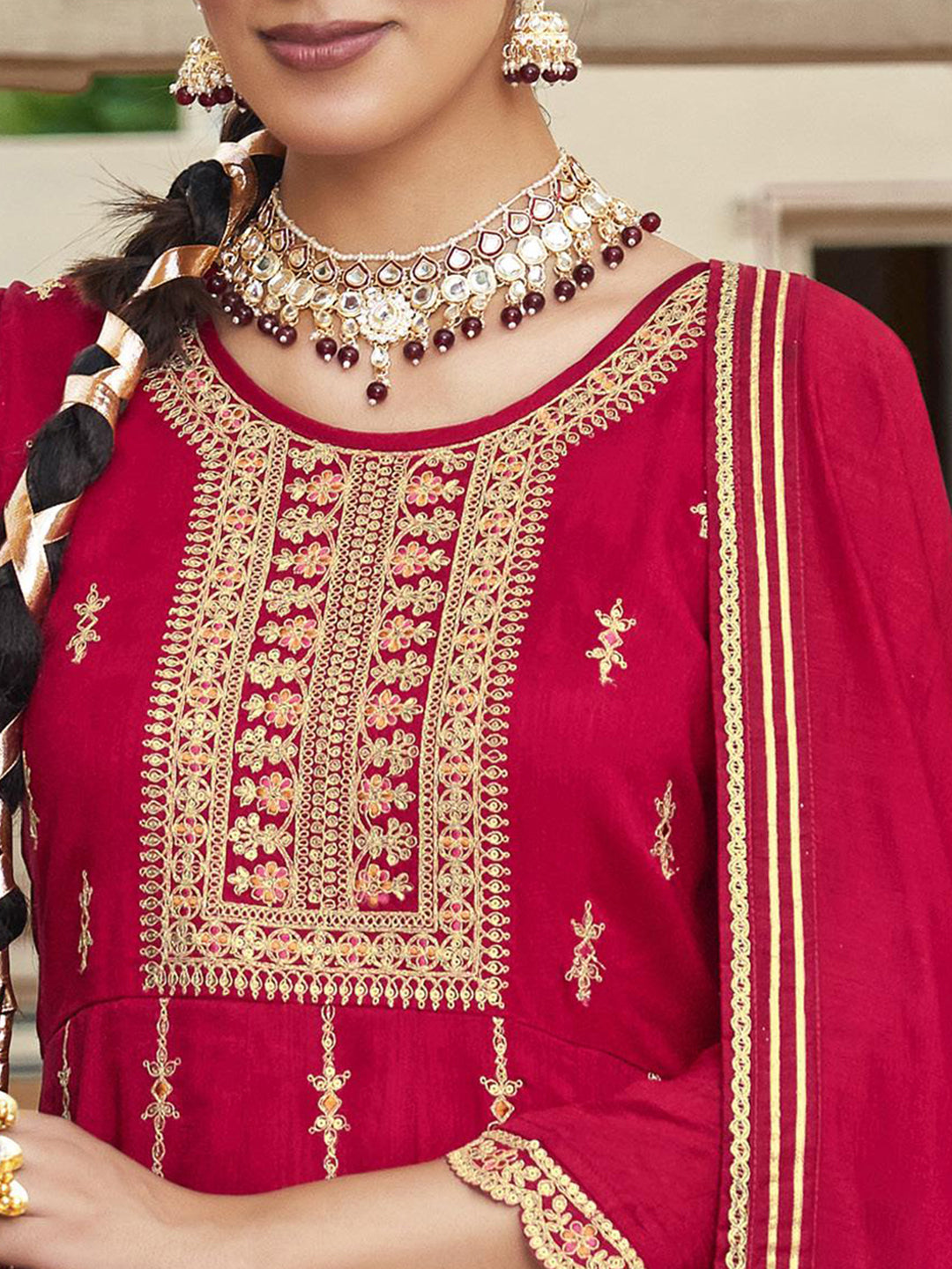 Red Zari Sequence Thread Embroidery Kurta With Pant And Dupatta