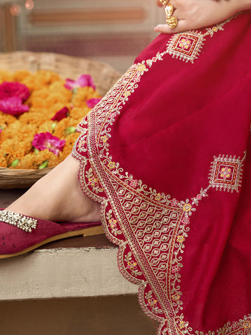 Red Zari Sequence Thread Embroidery Kurta With Pant And Dupatta