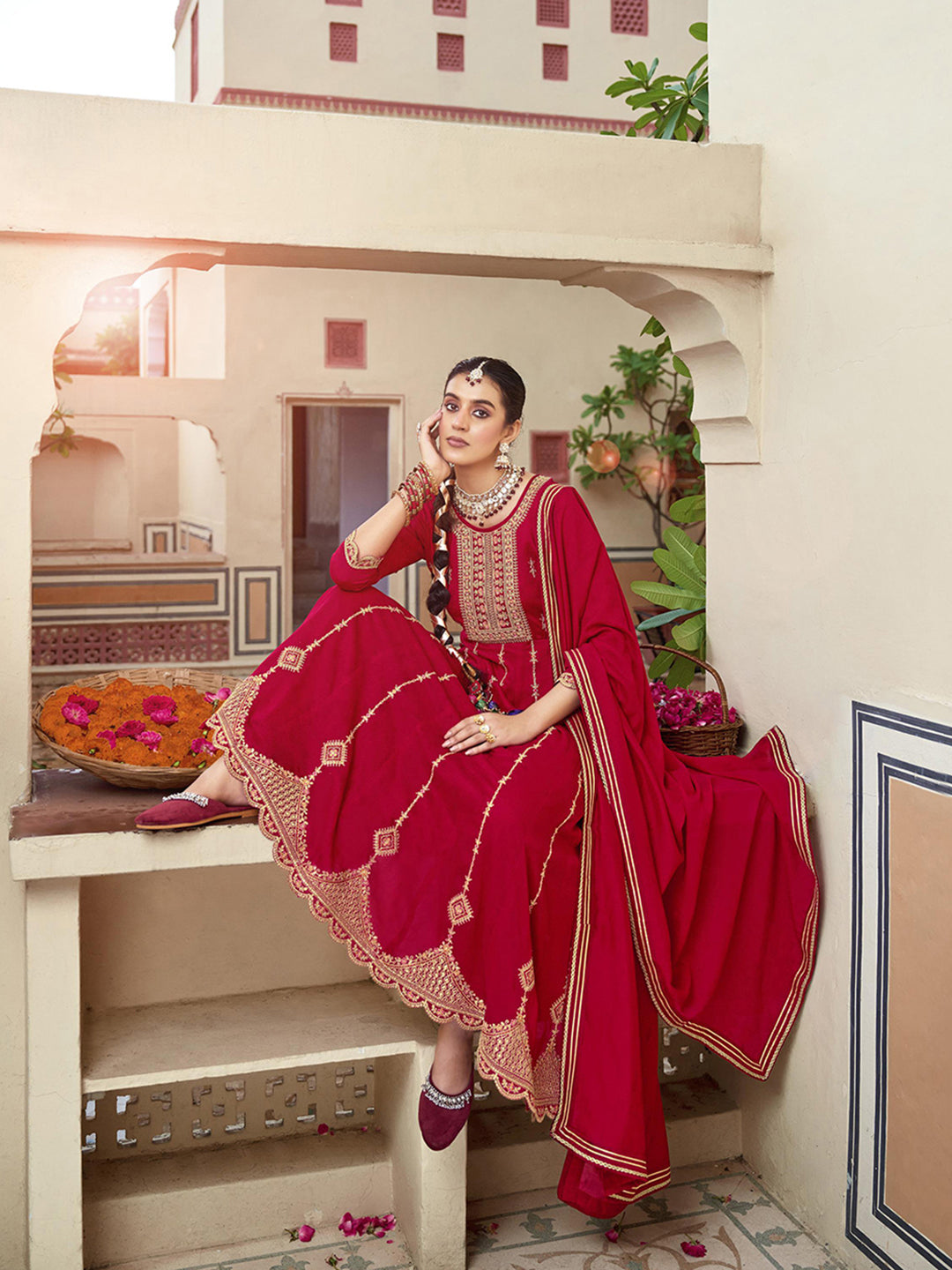 Red Zari Sequence Thread Embroidery Kurta With Pant And Dupatta