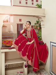 Red Zari Sequence Thread Embroidery Kurta With Pant And Dupatta