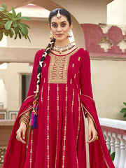 Red Zari Sequence Thread Embroidery Kurta With Pant And Dupatta