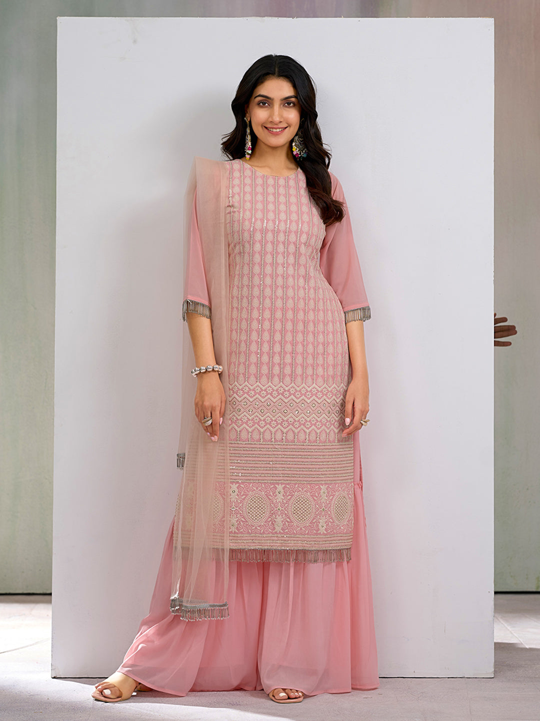Coral Pink Georgette Embroidered & Sequence with Fancy Tasseled work Kurta Set with Net dupatta