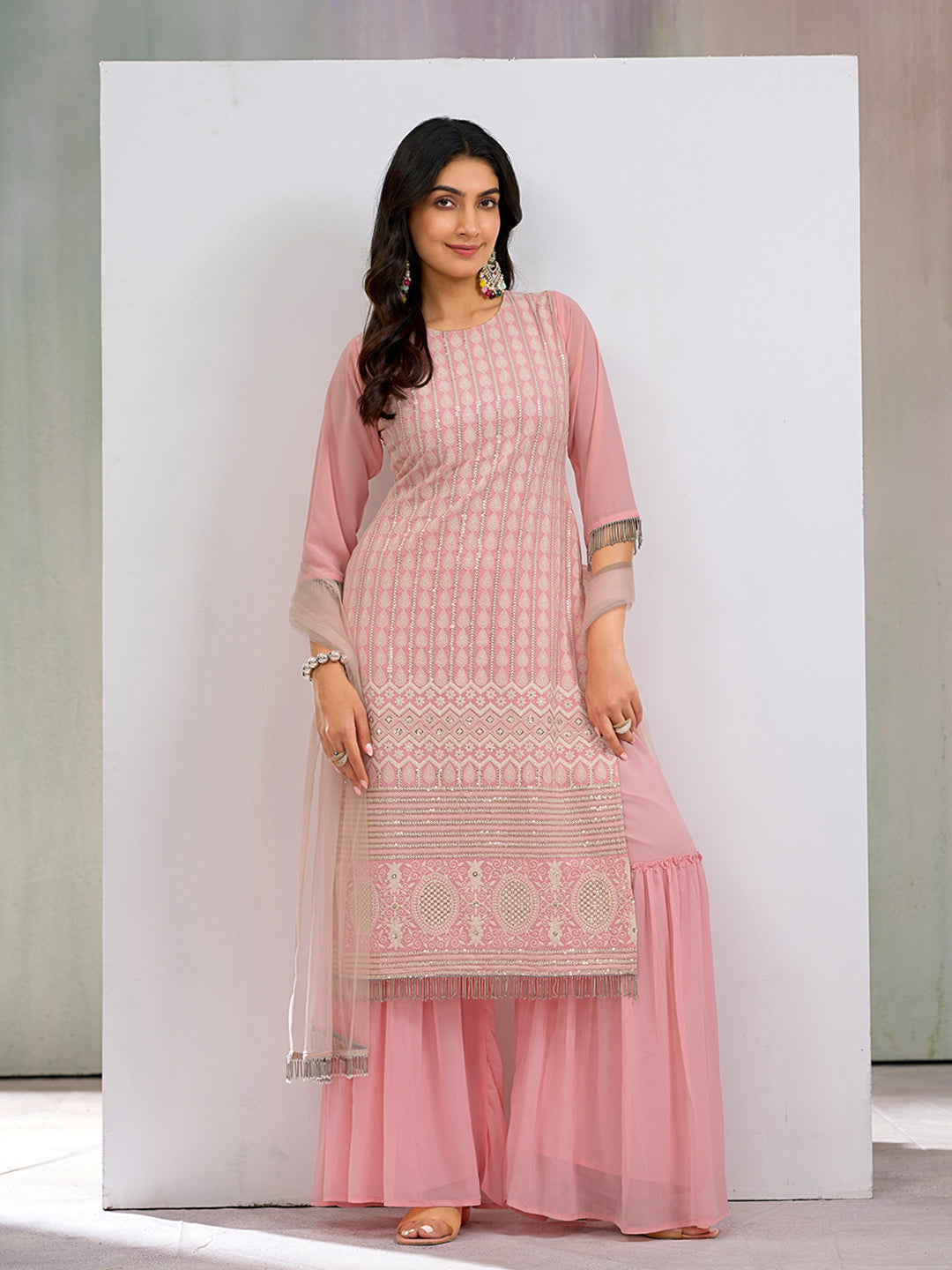 Coral Pink Georgette Embroidered & Sequence with Fancy Tasseled work Kurta Set with Net dupatta