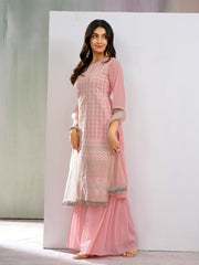 Coral Pink Georgette Embroidered & Sequence with Fancy Tasseled work Kurta Set with Net dupatta
