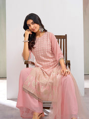 Coral Pink Georgette Embroidered & Sequence with Fancy Tasseled work Kurta Set with Net dupatta