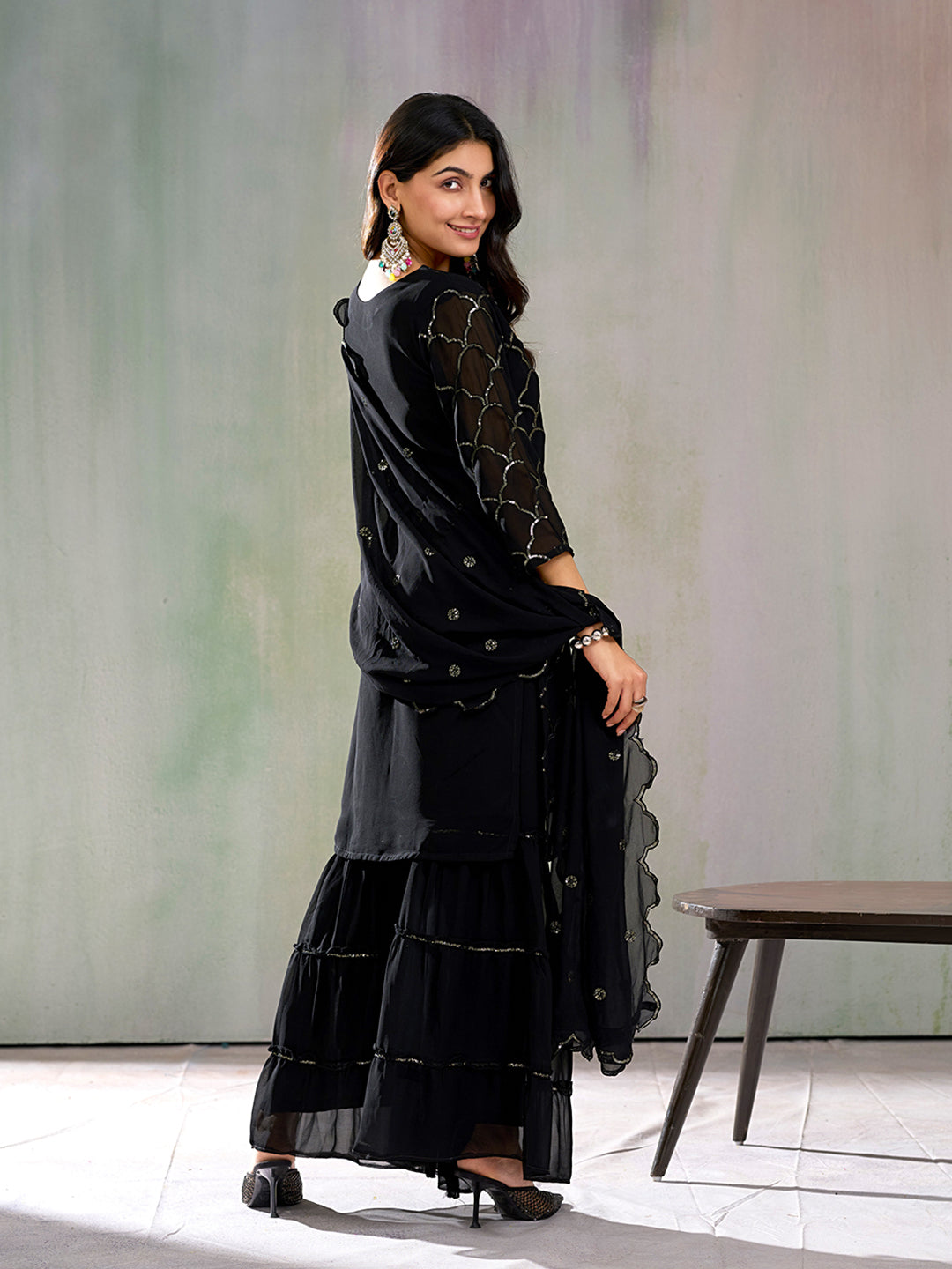 Black Georgette Sequence Kurta Set with Dupatta