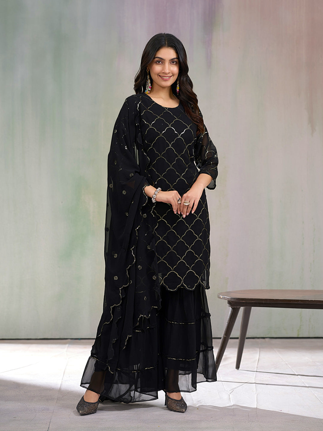 Black Georgette Sequence Kurta Set with Dupatta