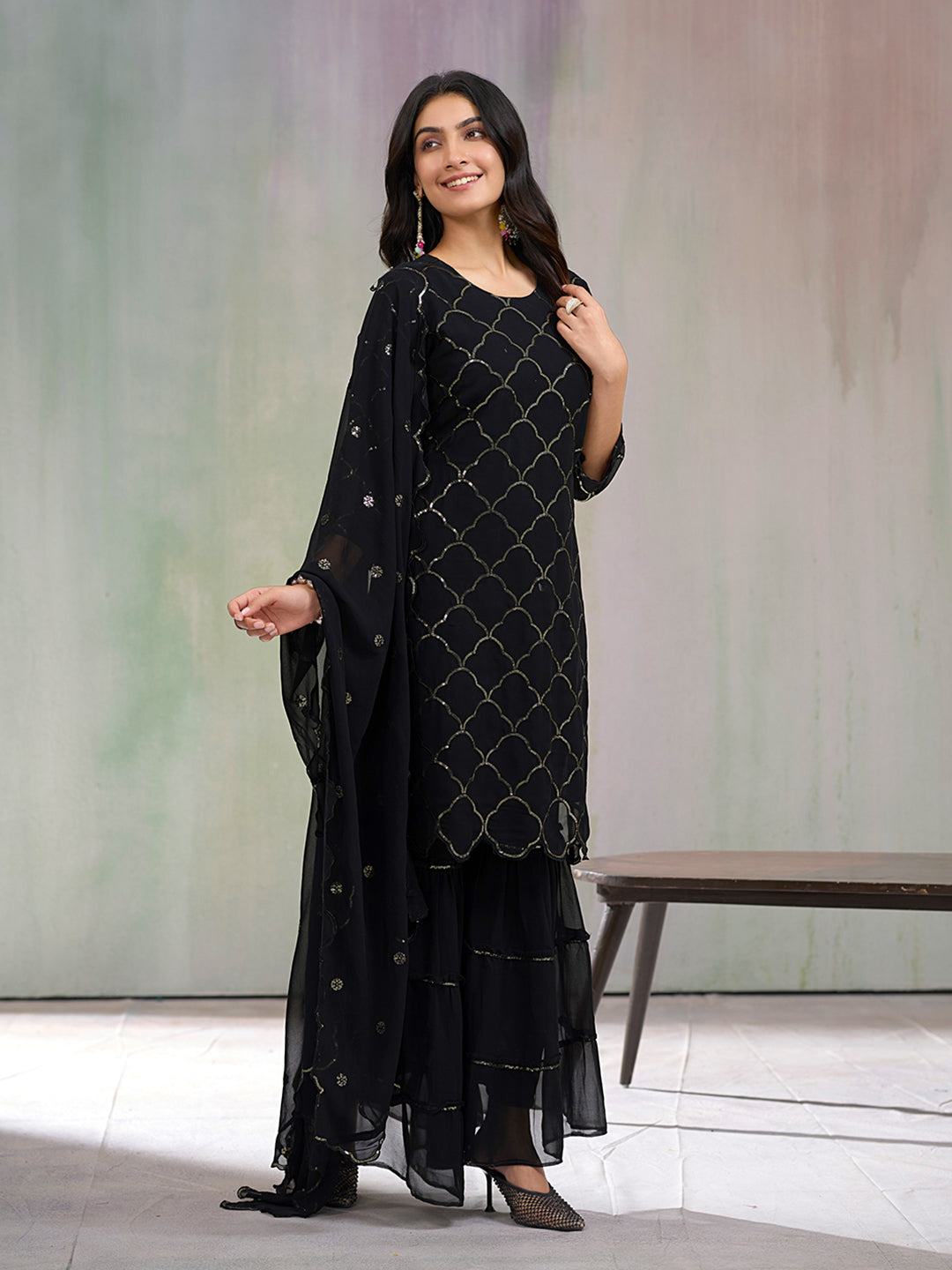 Black Georgette Sequence Kurta Set with Dupatta