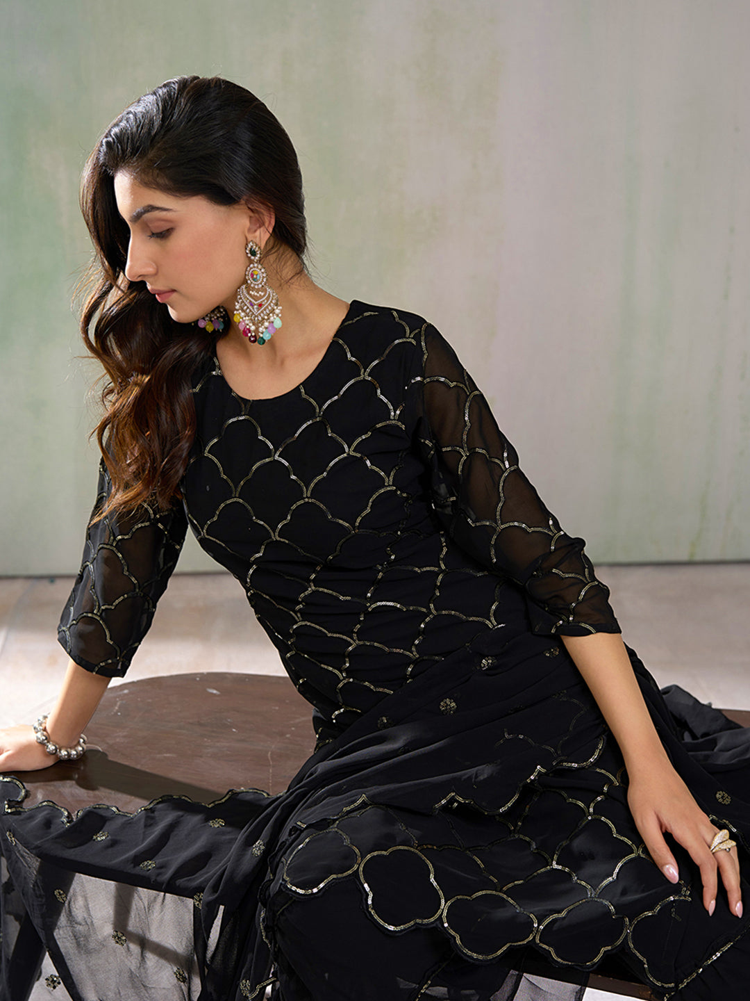 Black Georgette Sequence Kurta Set with Dupatta