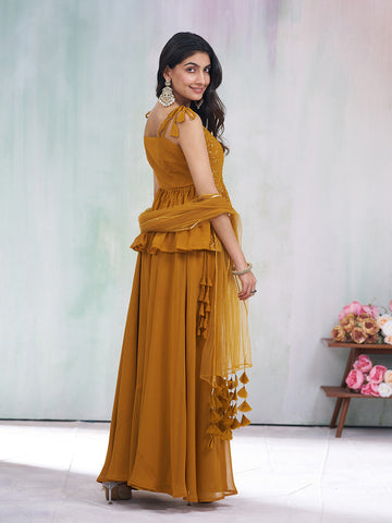 Mustard Georgette Sequence with Embroidered Kurta Set with Dupatta