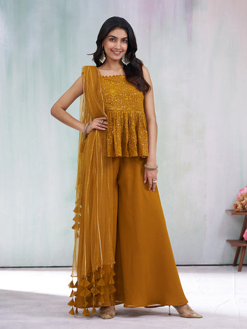 Mustard Georgette Sequence with Embroidered Kurta Set with Dupatta