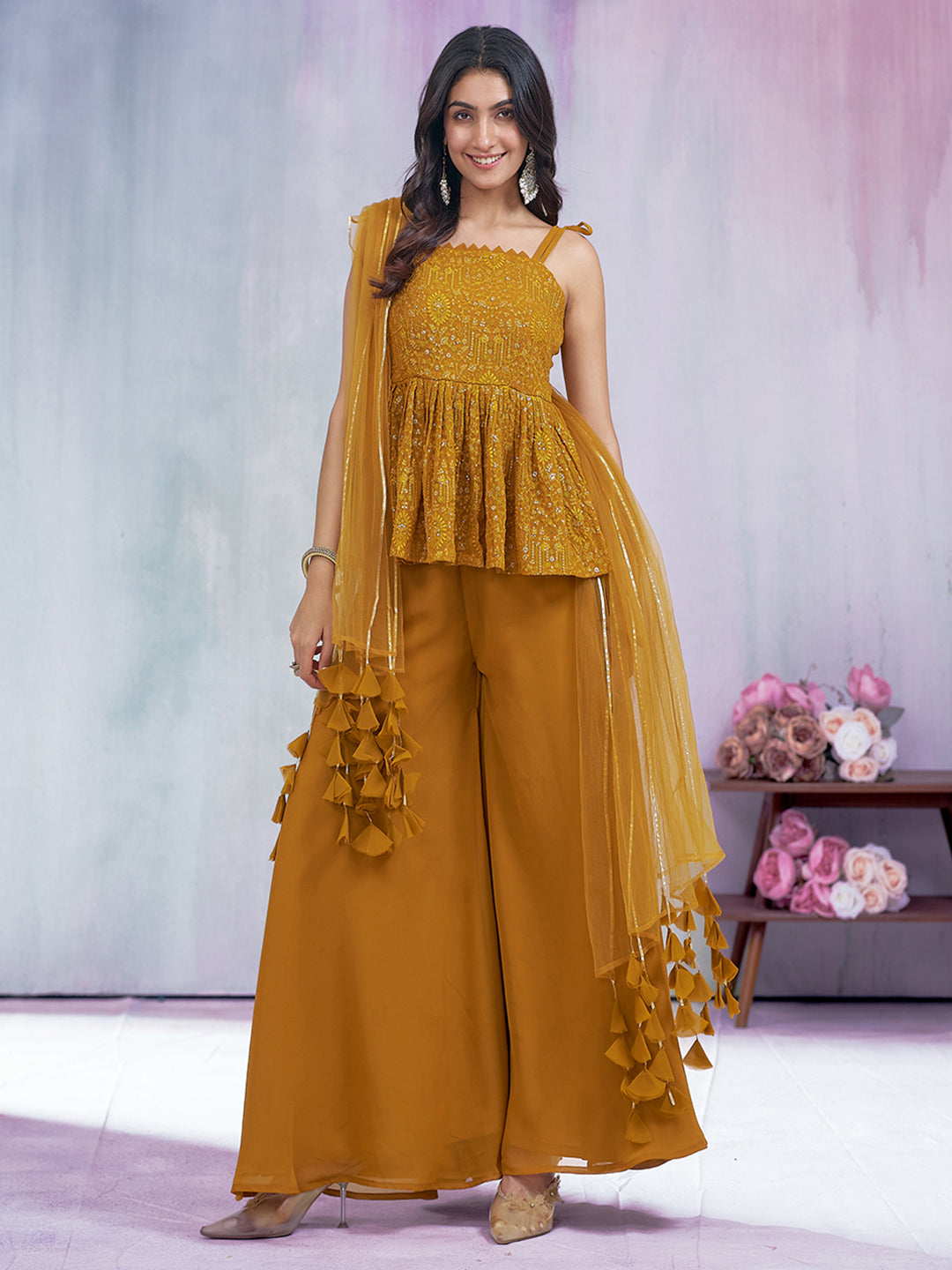Mustard Georgette Sequence with Embroidered Kurta Set with Dupatta