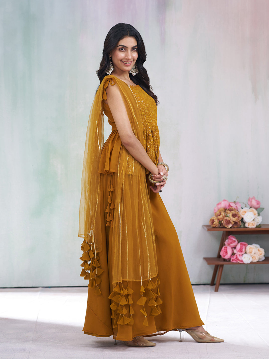 Mustard Yellow Embroidered Peplum Kurta with Palazzo & Dupatta