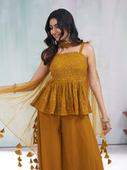 Mustard Yellow Embroidered Peplum Kurta with Palazzo & Dupatta
