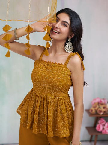 Mustard Yellow Embroidered Peplum Kurta with Palazzo & Dupatta