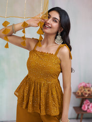 Mustard Georgette Sequence with Embroidered Kurta Set with Dupatta