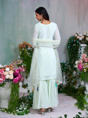Pastel Green Embroidered Kurta with Sharara & Tassel Dupatta