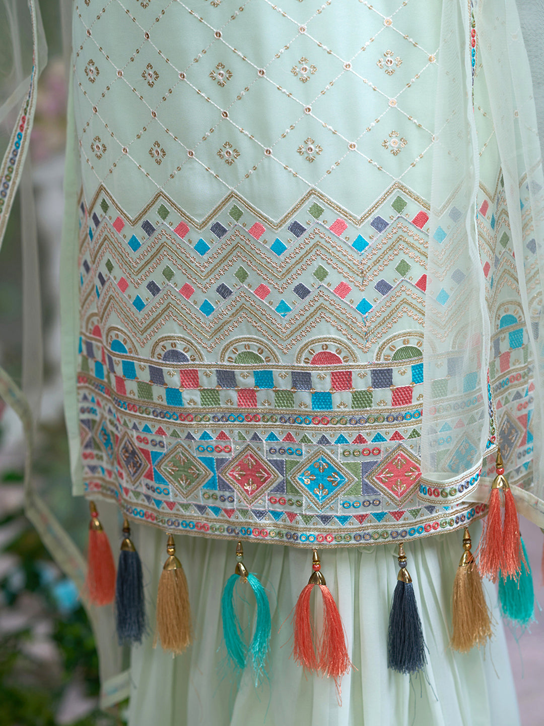 Light Green Georgette Embroidery & Sequence with Tasseled Kurta Sharara Sets with Dupatta