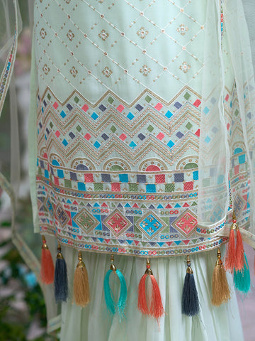 Pastel Green Embroidered Kurta with Sharara & Tassel Dupatta