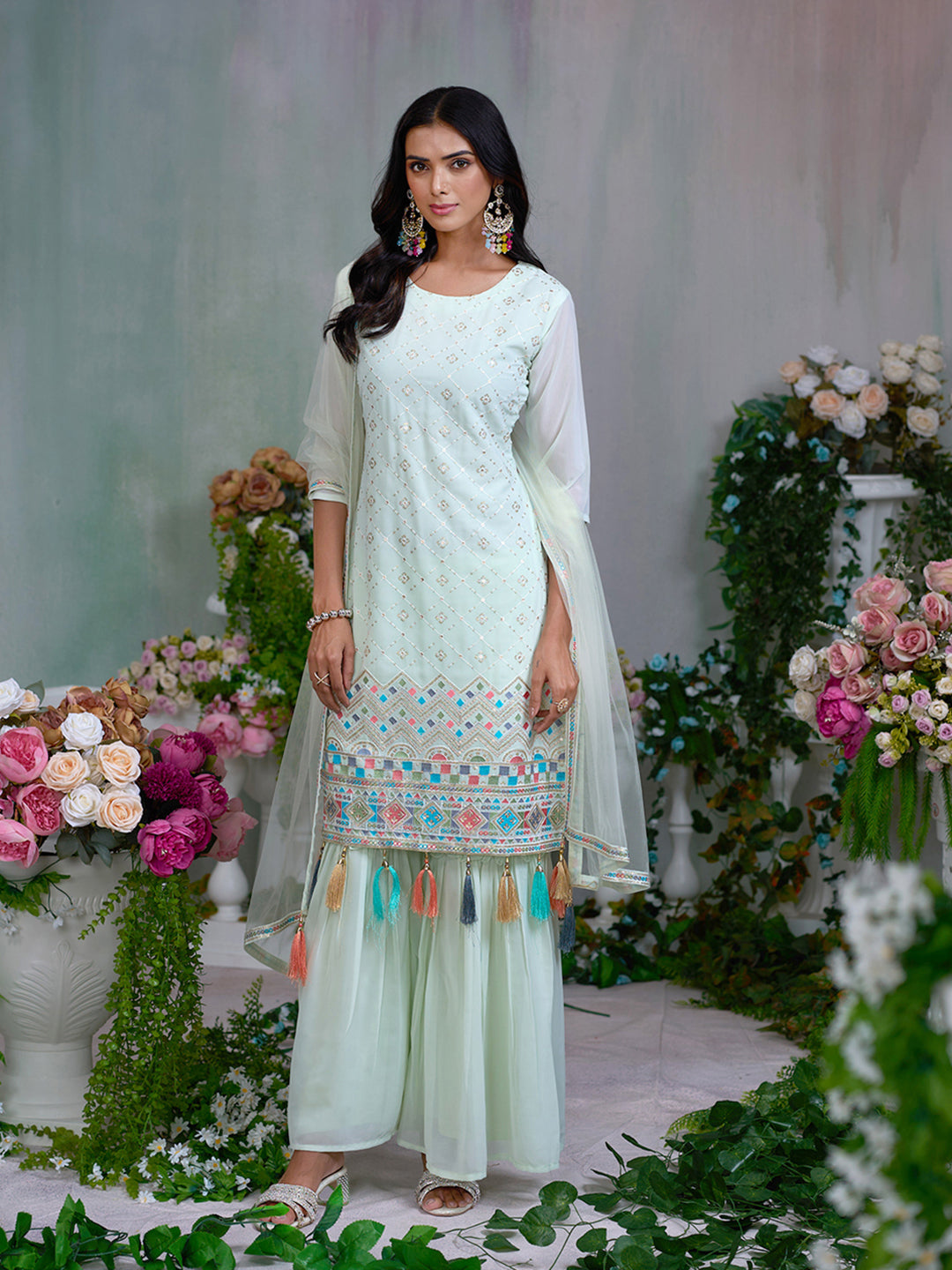 Pastel Green Embroidered Kurta with Sharara & Tassel Dupatta