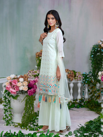 Light Green Georgette Embroidery & Sequence with Tasseled Kurta Sharara Sets with Dupatta
